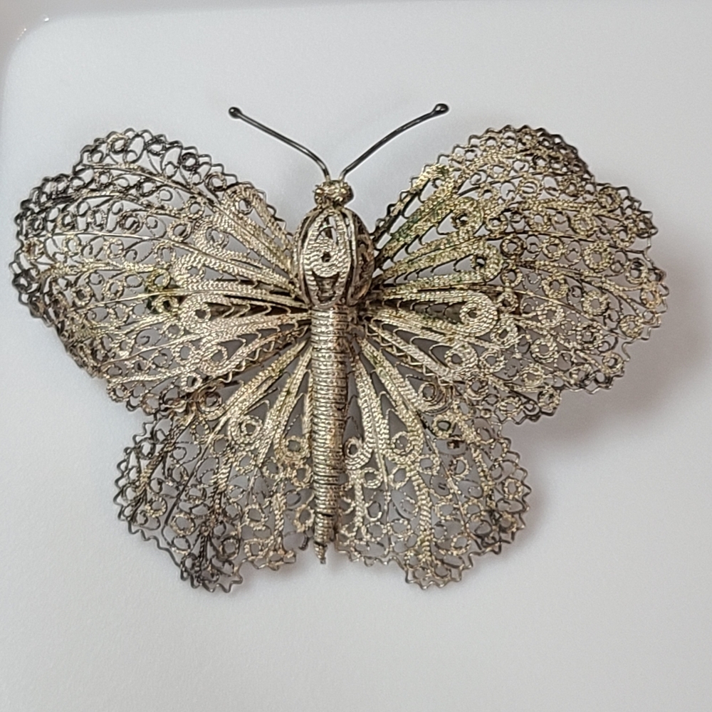 925 Antique Italian Filigree Butterfly Brooch Sterling Silver Estate Ornate